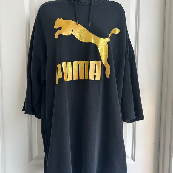 PUMA GLAM OVERSIZED HOODED DRESS XL Black w/ Metallic Gold Logo Sport Casual - Picture 3 of 12